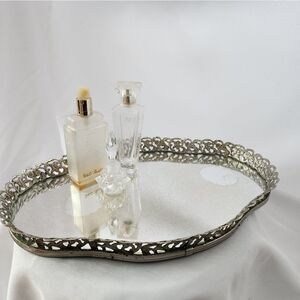 Vintage Ornate Metal Art Deco Vanity Mirrored Tray